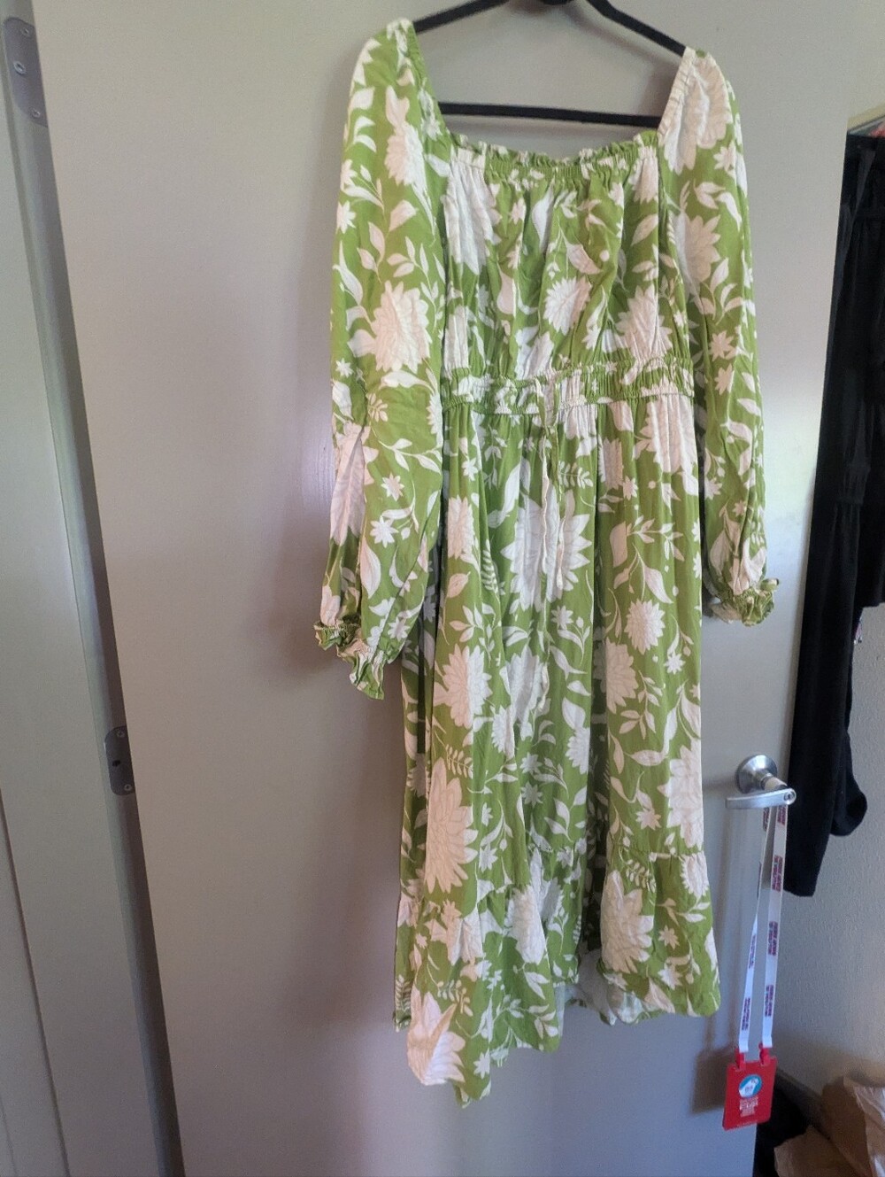 Ava & Viv plus size green floral maxi dress with long bishop sleeves, tie waist